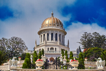 Haifa, Israel - Juny 18, 2022: Shrine of the Bab on Mount Carmel in Haifa, recently opened after...