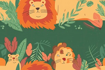 border pattern with a cute lion family. Generative AI