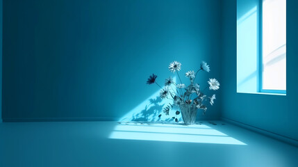 Empty blue room with flowers