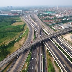 Fototapeta premium Expressway top view, Road traffic an important infrastructure. generative ai