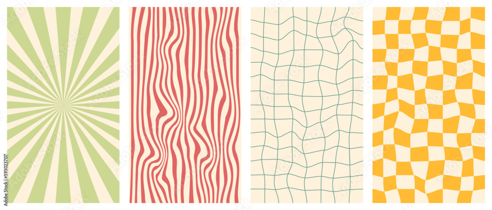 Sticker groovy hippie 70s vector backgrounds set. chessboard and twisted patterns. backgrounds in trendy ret