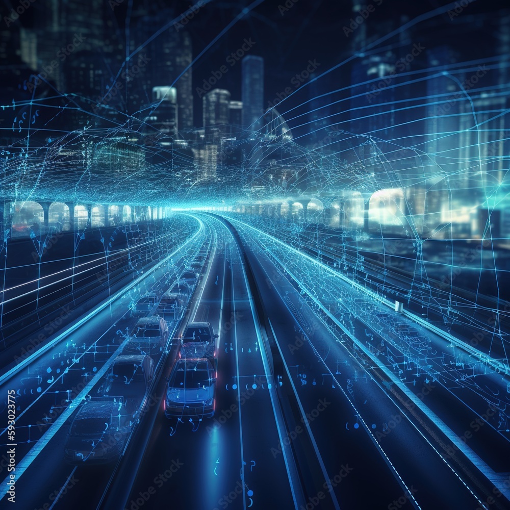 Poster digital data flow on road with motion blur to create vision of fast speed transfer . concept of futu