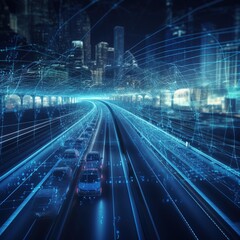 Digital data flow on road with motion blur to create vision of fast speed transfer . Concept of future digital transformation , disruptive innovation and agile business methodology. generative ai