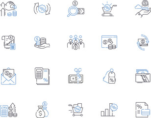 Sales outline icons collection. Sell, Purchases, Revenue, Deals, Trade, Profit, Promoting vector and illustration concept set. Negotiate, Market, Exchange linear signs
