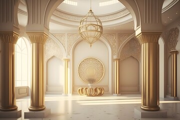 Luxury Mosque Interior with Gold and White Theme. Created with Generative AI Technology