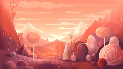 Zelfklevend Fotobehang  a cartoon landscape with lollipops and mountains in the background.  generative ai © Oleg