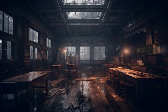 Creepy dystopian horror abandonned school concept art illustration. Generative AI