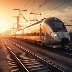 Naklejka premium Train speeds through the railway station. Blue modern intercity passenger train in motion, railway platform, buildings, and city lights. generative ai