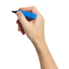 Hand holding a blue marker, cut out