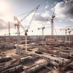 Fototapeta na wymiar Panorama view of workers working on large construction sites with many cranes in the, Industry new building business. generative ai