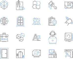 Engineering tech outline icons collection. Engineering, Technology, Innovate, Mechanics, Design, Construct, Develop vector and illustration concept set. Electronic, Mechanical, Architecture linear