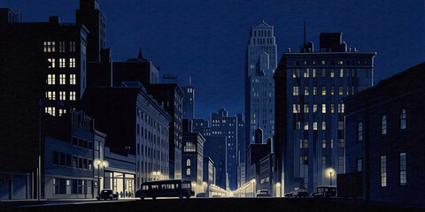 American Cityscape at Night with Buildings - Comic-style Drawing - generative ai