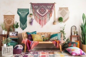 chic Coachella festival boho home decor set, featuring woven wall hangings, macrame plant hangers, colorful tapestries, and bohemian throw pillows, adding a touch of festival vibes - Generative AI