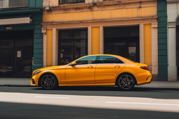 Plakat Side view of a yellow sedan car on a city street background, ideal for taxi services, mock-up designs, or template purposes. Generative AI