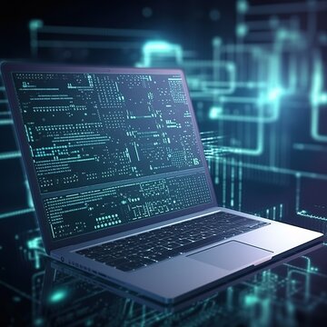 software, web development, programming concept. Abstract Laptop screen with programming language and code. Laptop and network icons for the company. Software technology process. generative ai
