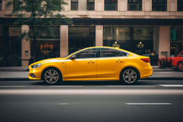 Fototapeta na wymiar Side view of a yellow sedan car on a city street background, ideal for taxi services, mock-up designs, or template purposes. Generative AI