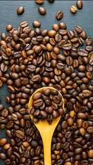 freshly roasted coffee beans.coffee shop.background from scattered coffee beans.Coffee on a dark background. Copyspace