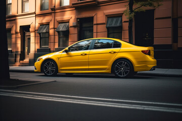 Plakat Side view of a yellow sedan car on a city street background, ideal for taxi services, mock-up designs, or template purposes. Generative AI