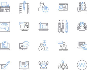 Working meeting outline icons collection. Meeting, Working, Business, Conference, Plan, Discuss, Task vector and illustration concept set. Discussing, Team, Strategy linear signs
