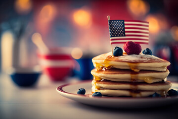 Delicious tasty pancakes with american flag. Berries around the plate. 4th july celebration, memorial day concept. Generative AI - obrazy, fototapety, plakaty