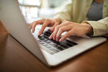 Young Japanese Woman working on a laptop in the kitchen