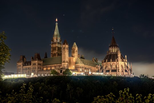 Long exposure shot after a fireworks show of parliament hill at night in Downtown Ottawa