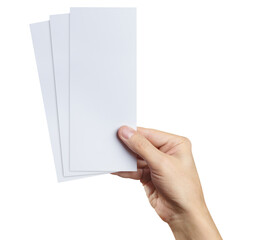 Male hand holding three blank sheets of paper (tickets, flyers, invitations, coupons, banknotes, etc.), cut out