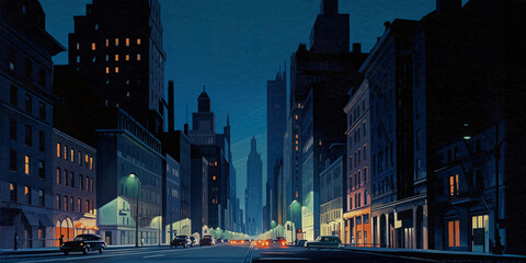 American Cityscape at Night with Buildings - Comic-style Drawing - generative ai