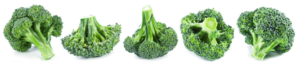 Set of broccoli flowering heads isolated on white background.
