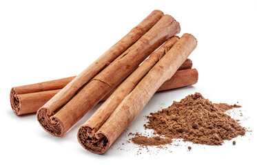 Cinnamon dried bark strips and cinnamon powder, sweet-smelling brown substance used in cooking, isolated on white background.