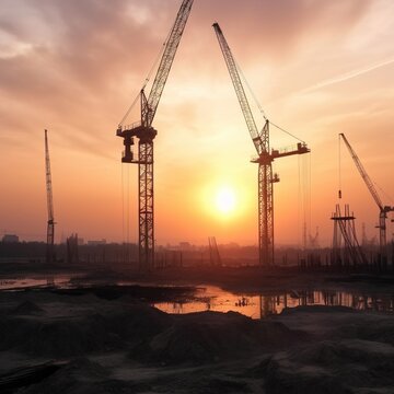 Silhouette of building construction site on heavy industry and background sunset. generative ai