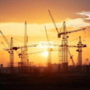 Silhouette of building construction site on heavy industry and background sunset. generative ai