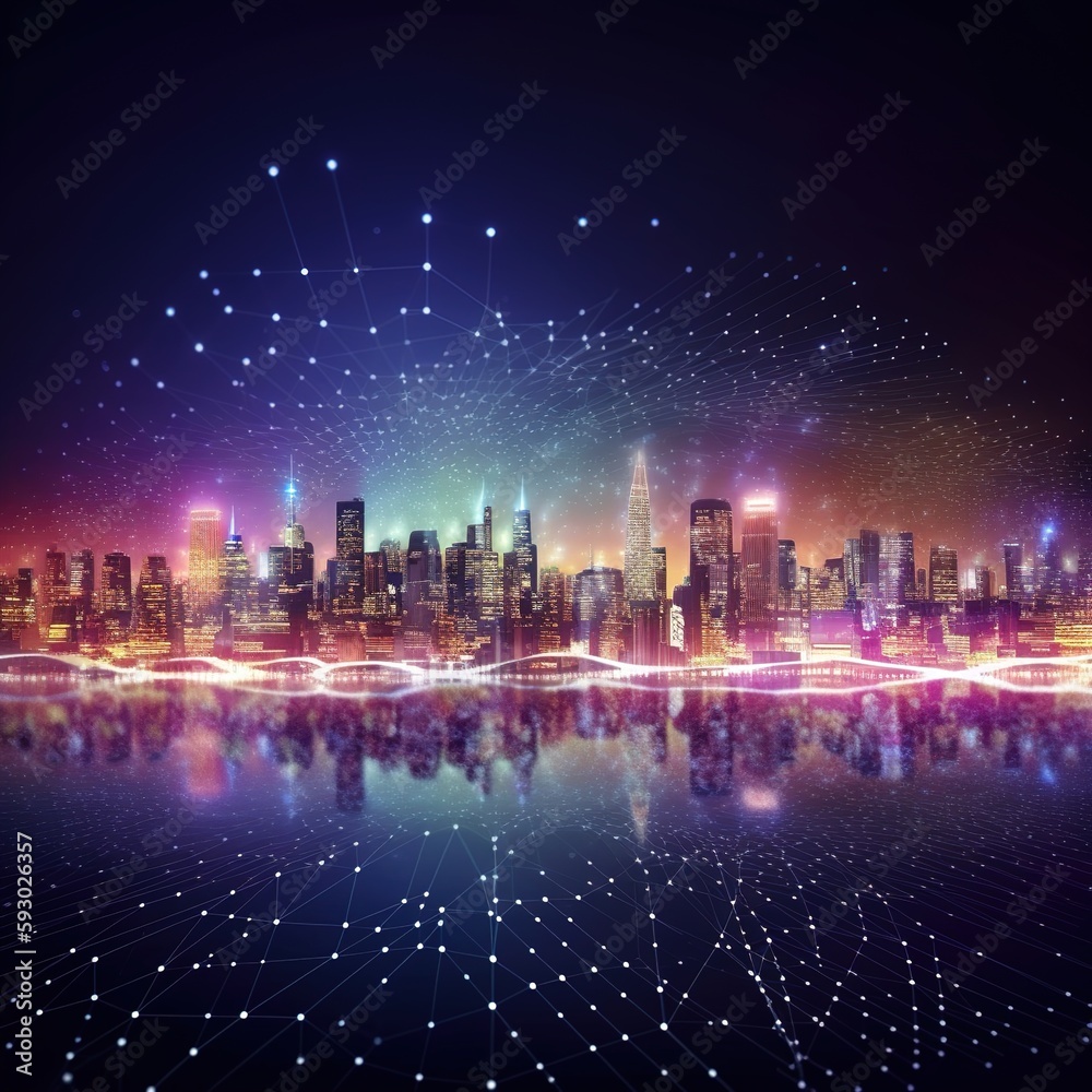 Poster abstract dot point and smart city link to gradient line and aesthetic concept of intricate wave line