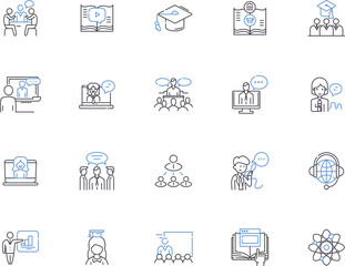 Teaching outline icons collection. Tutor, Instruct, Educate, Guide, Coach, Direct, Lecture vector and illustration concept set. Mentor, School, Teach linear signs