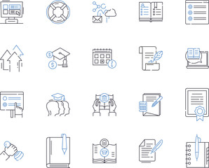 Stationery outline icons collection. Pen, Paper, Notebook, Pencil, Eraser, Crayon, Ruler vector and illustration concept set. Stapler, Scissors, Glue linear signs