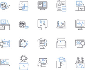 Media technologies outline icons collection. Multimedia, Broadcasting, Streaming, Video, Audio, Graphics, Webcast vector and illustration concept set. Internet, 3D, Animation linear signs