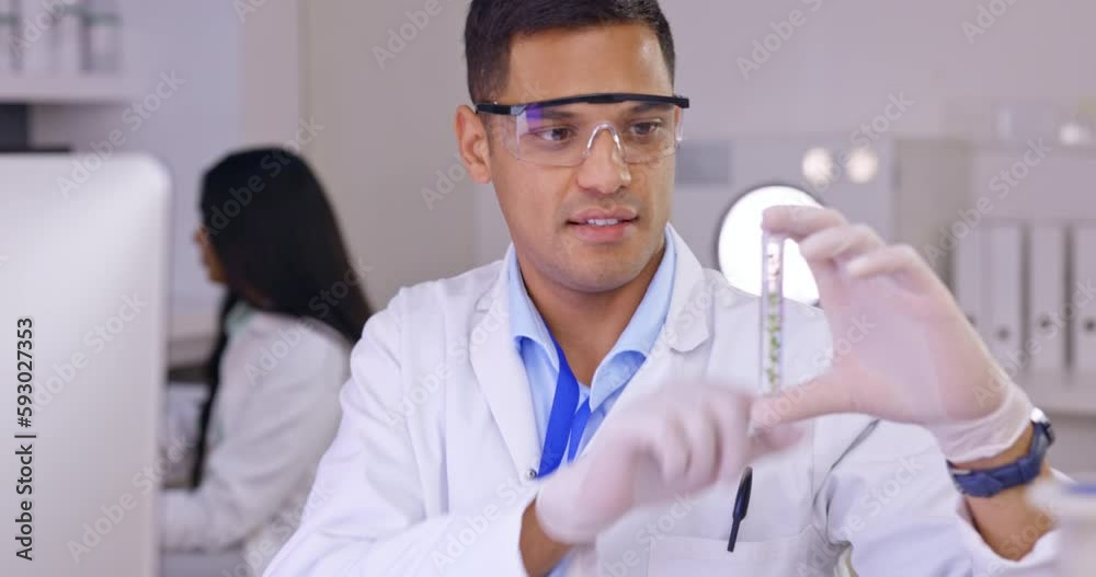 Poster plant science, man and laboratory with vial for research for futuristic innovation and development. 