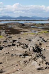 A closeup of a long finger of rock projecting into the horizon, Cabbage Island Marine Park, British Columbia