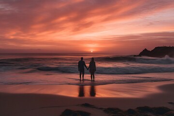 Fototapeta na wymiar couple standing on the beach holding hands enjoying the sunset created with Generative AI technology