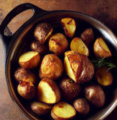 Rustic fried potatoes in a large frying pan under dark lighting. Close-up