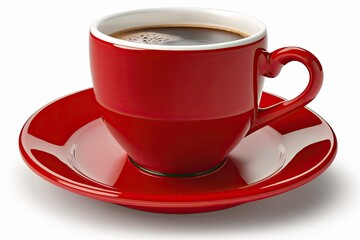 Delicious coffee in a red cup, white background. Generative AI