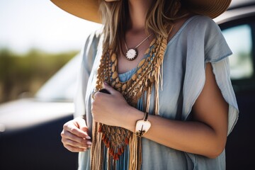 stylish Coachella festival fashion accessory, such as a floppy sun hat, fringed crossbody bag, chunky platform sandals, or layered boho necklaces, trendy and festival-ready outfit - Generative AI