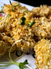 sushi and rolls on the white Japanese plate on black background