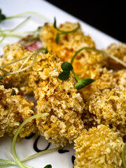 sushi and rolls on the white Japanese plate on black background