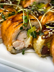sushi and rolls on the white Japanese plate on black background