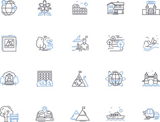 Landscapes outline icons collection. Scenery, Forests, Plains, Mountains, Vistas, Grasslands, Fields vector and illustration concept set. Grass, Hills, Trees linear signs