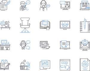 Remote business outline icons collection. Remote, Business, Work, Collaboration, Telecommuting, Communication, Digital vector and illustration concept set. Virtual, Technologies, Remotely linear signs