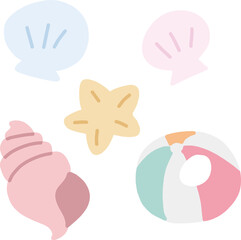 貝やヒトデやビーチボールの海辺の小物素材セット