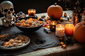 a halloween table setting with pumpkins, cookies and skulls on the table are lit by candles in the background. Generative AI