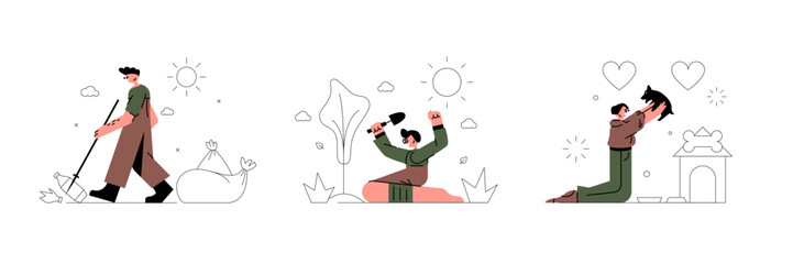 Set of different volunteers taking care of environment and pets. Social charity activities to save planet. Spending time with pet. Taking care of nature. Vector